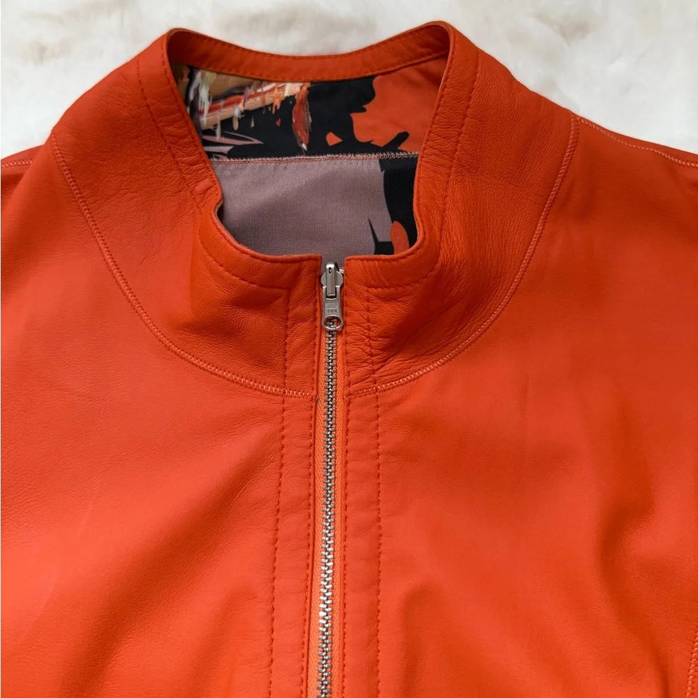 KIRCILAR Reversible Ultra Soft Leather Jacket Orange Abstract Print - 4 / L